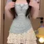 Áo sơ mi ngắn tay tươi mát phong cách Hàn Quốc Top Slimer Look Sling Váy xếp ly hoa nữ nhỏ