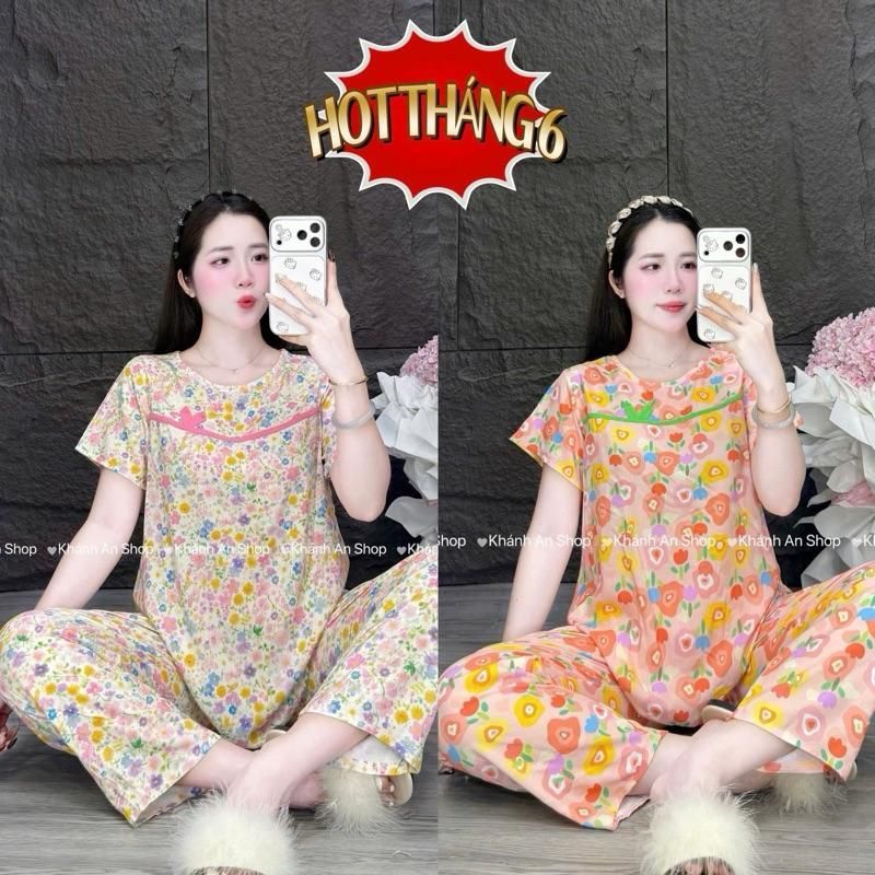 Tole I1 KA555-Fom Gọn Mặc Rộng Lên 1 size - Đồ Bộ Tole Lanh Nữ Áo Tay Ngắn Cổ Tròn Phối Viền Quần 8 Tấc Size 40-80kg F4
