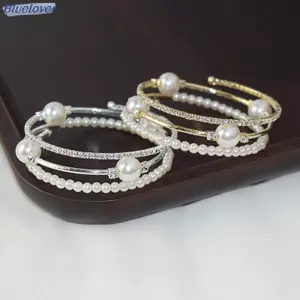 Bluelover Pha Lê Ngọc Trai Vòng Tay Nữ Kim Cương Giả Nhiều Lớp Có Thể Điều Chỉnh Lắc Tay Vòng Tay Vàng Mạ Bạc Quyến Rũ Vòng Tay Trang Sức Quà Tặng Mới