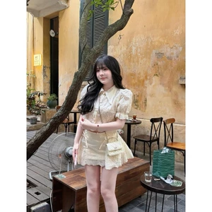 SÉT ÁO CỔ SƠMI TAY BỒNG MIX CHÂN XOÈ NGẮN ĐÍNH NƠ SÉT TIỂU THƯ PHONG CÁCH SANG CHẢNH TL-TC-TA BYJOLIE
