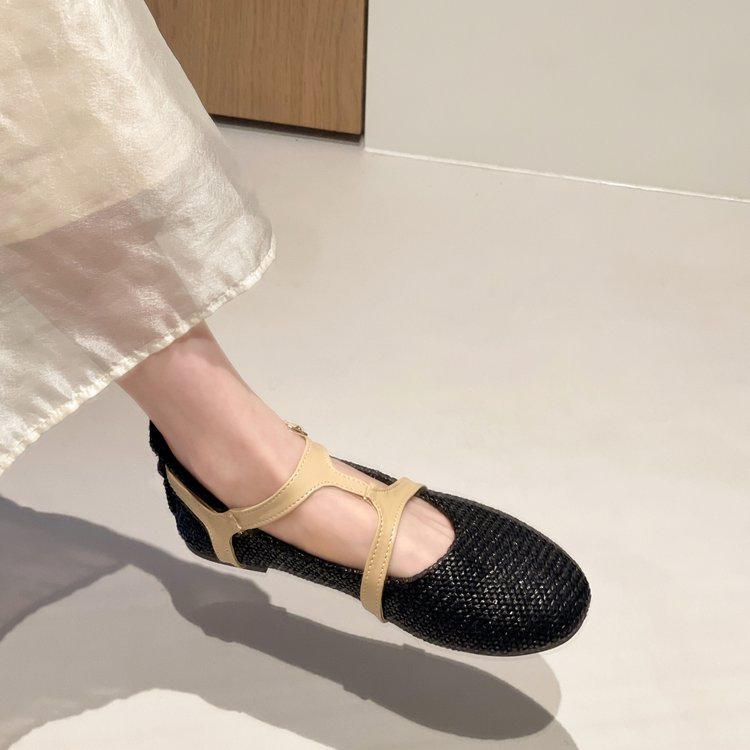 Retro Mũi Tròn Dệt Flat Slip-On Mary Jane Giày Mùa Hè Phong Cách Mới Thời Trang Thường Ngày Ngoài Trời Mặc Chống Trơn Trượt Chống Mài Mòn Đi Lại Giày Đế Bằng Nhà Máy Ai