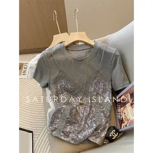 Retro Giả Hai Mảnh Ren Sling Khâu Áo Thun Tay Ngắn Độc Đáo Sang Trọng Tất Cả