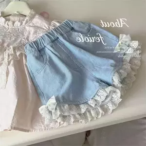 Bé gái (90-140) Quần short Denim nơ ngọc trai mùa hè phong cách Hàn Quốc Quần ren mỏng phong cách phương Tây