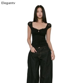 EGN Áo Thun Nữ Mùa Hè Thiết Kế Ren Nối Thẳng Vai