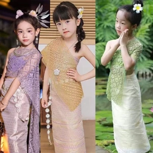 💕Chỗ💕Trẻ Em Lễ Hội Thái Lan Trang Phục Quần Áo Bé Gái 3-12 Tuổi Váy Mới Lạ Sợi Mạ Vàng Liên Hợp Quốc