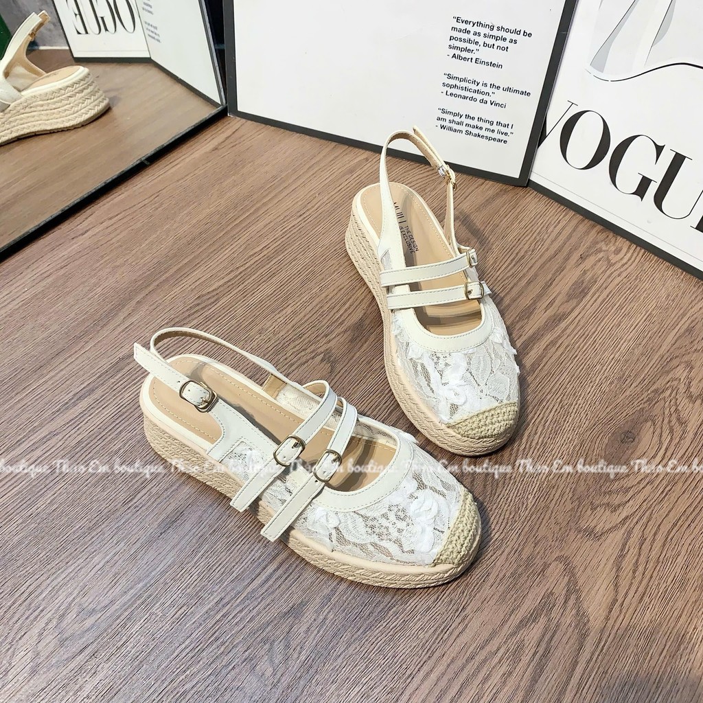[Thảo Em - XD28-2] Sandal xuồng nữ quai hậu ren lưới đế cói 5cm mẫu mới [Có Sẵn]