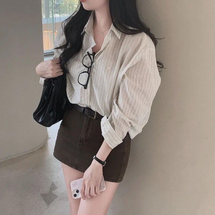 SUXI Áo sơ mi sọc dài tay đơn giản dành cho nữ đầu thu mới 250903