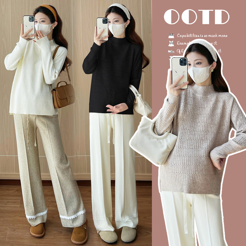 Bộ đồ bà bầu thu đông, áo len nửa cổ rùa và quần ống rộng
