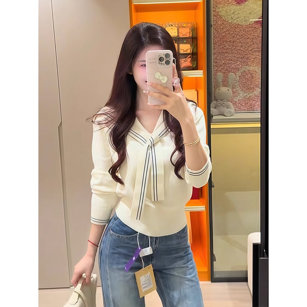 Áo Len Cổ Hải Quân Nữ - Phong Cách Hàn Quốc Preppy Spring/Autumn, Slim-Fit Ôm Eo