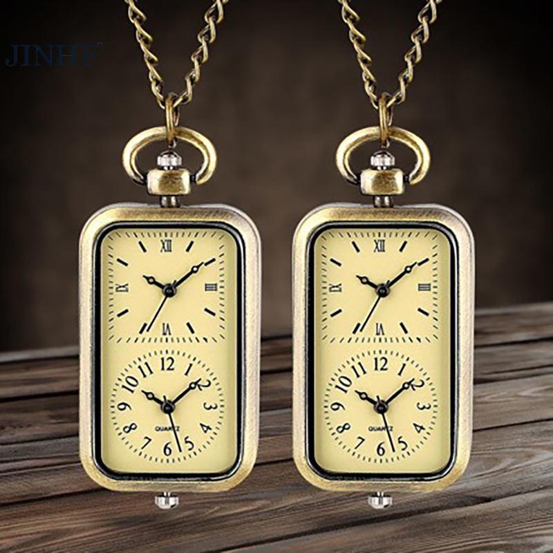 JINHF Đồng Hồ Tinh Tế Đồng Móc Khóa Đồng Hồ Bỏ Túi Vuông Retro Phong Trào Đôi Thời Gian Đồng Hồ Thạch Anh Không Có Nắp Cổ Phong Cách Mặt Dây Chuyền HOT