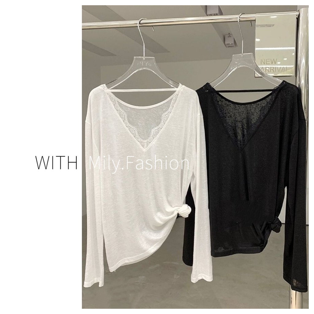 Milyfashion Lười Gợi Cảm Ren Khâu Cổ Chữ V Dây Dài Tay T Drape Chống Nắng Quần Áo Nữ