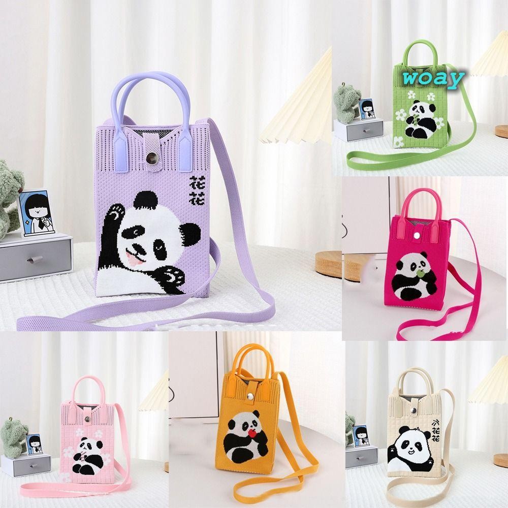 Túi xách dệt kim WOAY, Túi đeo vai Mini hoạt hình, Túi đeo tay thắt nút gấu trúc bằng vải Polyester dung lượng cao có thể tái sử dụng cho học sinh