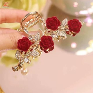Kẹp tóc đỏ họa tiết hoa hồng, chất liệu kim loại, phù hợp trang trí tóc cá mập
