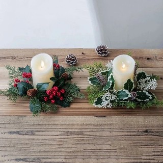 Vòng hoa Berry nhân tạo có lá nến - Trang trí vòng hoa trên bàn Giáng sinh