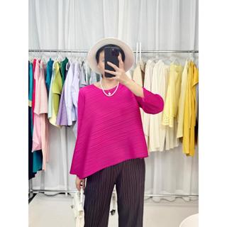Miyake Chạy Bộ Phong Cách Xếp Ly Áo Thun 2025 Xuân Hè Mỏng Hơn Nhìn Sang Trọng Tất Cả Trận Đấu Đơn Giản Vát Bounce Ba Phần Tư Tay Nữ