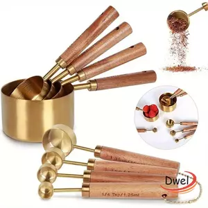 Dụng Cụ Nướng Bánh DWEL, Cân Pha Chế Tay Cầm Bằng Gỗ Cốc Đo Thìa, Phụ Kiện Nhà Bếp Bằng Thép Không Gỉ Vàng Thìa Đo Cà Phê