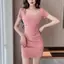 Váy ôm cổ vuông xếp ly hông tay ngắn Skinny eo hẹp