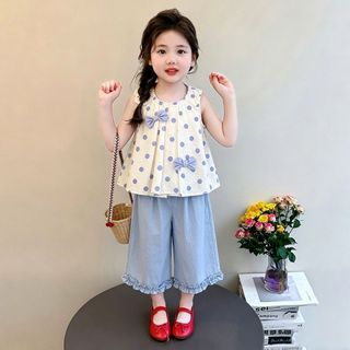 Bộ đồ bé gái mùa hè chấm bi - Áo sát nách đính nơ phối quần ống rộng thời trang dễ thương