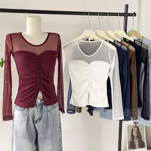 Phong cách mong muốn thuần khiết với miếng đệm ngực Áo thun dài tay xếp li mỏng-