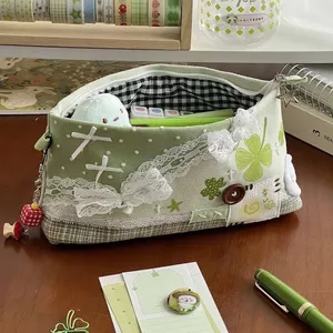 Túi Bảo Quản Văn Phòng Phẩm Cỏ Ba Lá Bốn Lá Bút Chì Bút Sóng Sớm Ren Chấm Tươi Sinh Viên Nơ Ren Cổ