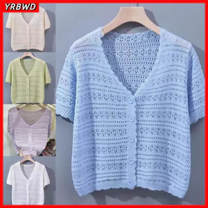 Áo len dệt kim YRBWD, Áo chống nắng mỏng rỗng, Áo khoác ngoài ngắn tay cổ chữ V dành cho nữ