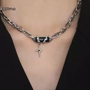 LUImo Punk Zircon Chữ Thập Ngôi Sao Mặt Dây Chuyền Nelace Cho Nữ Vintage Hàn Quốc Thoáng Mát Dây Thép Titan Choker Xu Hướng Trang Sức SBS