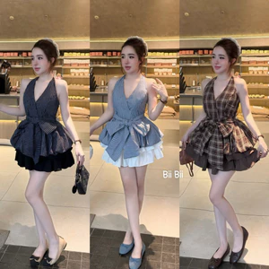 SÉT ÁO CỔ YẾM NƠ EO , CHÂN XOÈ BYJOLIE