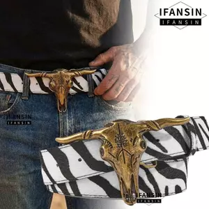 Thắt lưng da khóa đầu lâu IFASIN Bull, Thiết kế sang trọng Thắt lưng cao bồi rộng 3,8cm, Dây thắt lưng cổ điển thương hiệu hợp thời trang in hình ngựa vằn Western Ox Head