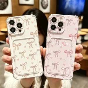 Màu Hồng Anh Đào Nơ Trái Tim Tình Yêu Dành Cho Iphone 15 14 13 12 Pro Max 15 Plus Ốp Lưng Đựng Thẻ Ảnh Ví Silicon Chống Sốc Không Khí Bảo Vệ Góc TPU Mềm