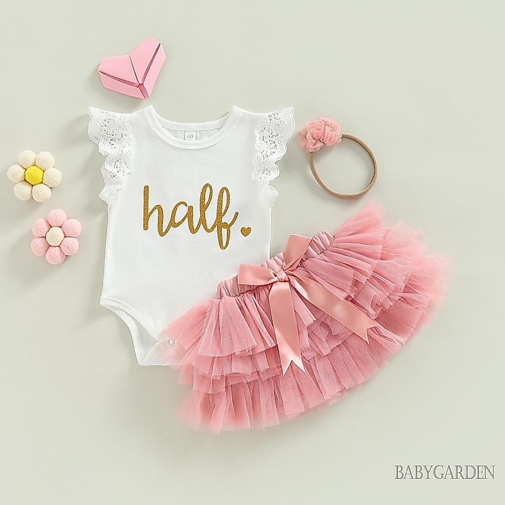 Bộ Áo Liền Quần Màu Trắng In Chữ Tay Bay + Chân Váy Tulle + Băng Đô Cài Tóc Thời Trang Mùa Hè Cho Bé Gái 3-12 Tháng Tuổi