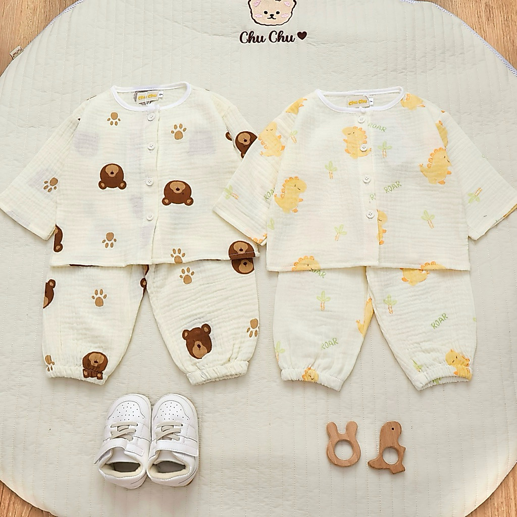 Đồ ngủ trẻ em 7–24kg | Bộ dài tay form rộng, vải Xô Muslin thoáng mát, thấm hút mồ hôi