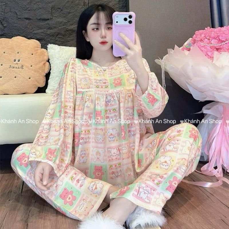 HÀNG CHUẨN Khánh An Shop Babydoll KA123 - Đồ Bộ Tole Lanh Nữ Mặc Nhà Áo Cổ Tròn Tay Dài Quần Dài Size M/L/XL F10