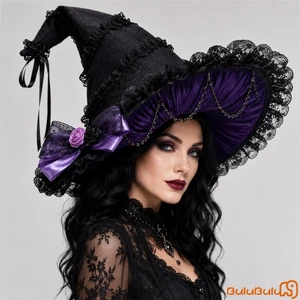 Mũ phù thủy nhọn Halloween Gothic Xù Ren Trim Mũ phù thủy vành rộng