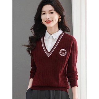 Áo sơ mi cổ dệt kim dài tay thiết kế hai mảnh như áo len nữ, phiên bản Hàn Quốc, phù hợp thu đông.