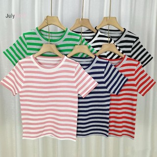 JULYHOT Áo Croptop Nữ Mùa Hè, Tay Ngắn Cổ Tròn Sọc Phản Quang Thời Trang