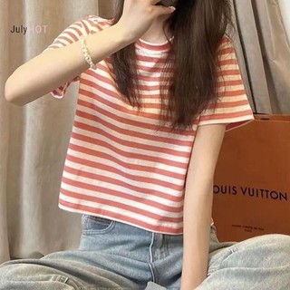 JULYHOT Áo Croptop Nữ Mùa Hè, Tay Ngắn Cổ Tròn Sọc Phản Quang Thời Trang
