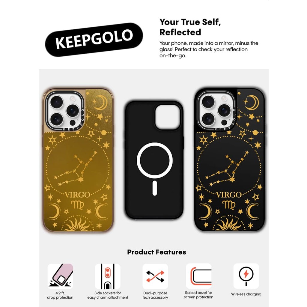 Xử Nữ KEEPGOLO X Matte Gold Bright Finished Electroplated Frame Vỏ IPhone Hút Từ Tính IPhone 16 / 15 / 14 / 13 Pro Max Plus Ốp Lưng Có Hộp Khắc Logo
