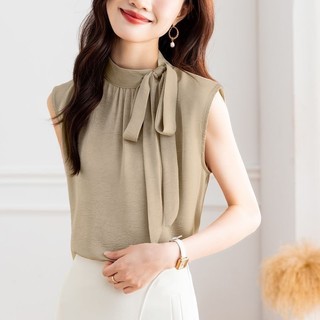 Đứng Cổ Nơ Phối Ren Voan Áo Sơ Mi Nữ Mùa Hè Thời Trang Sang Trọng Người Nổi Tiếng Không Tay Áo Sơ Mi Nhỏ Sang Trọng Top