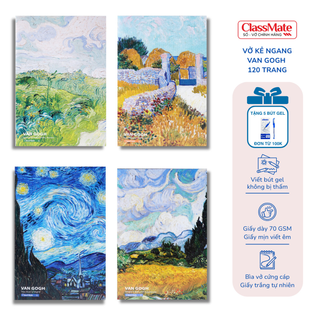 Vở Kẻ Ngang B5  Tập Vở Kẻ Ngang Quyển Vở Viết Van Gogh 72/80/120/200Trang Pattern Bìa Chống Nước Giấy Mịn -AT