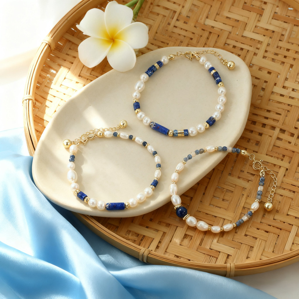 Vòng tay đính cườm tay | Kết hợp ngọc trai Baroque và Lapis Lazuli | Trang sức xếp chồng Niche sang trọng nhẹ