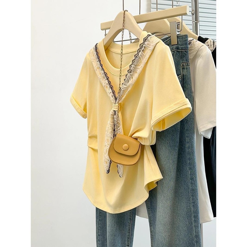 Milyfashion Size Lớn Ren Khăn Choàng Vai Chính Hãng Tay Ngắn T Phong Cách Mới Rời Ôm Hơn Nhìn Thời Trang Top Quần Áo Nữ