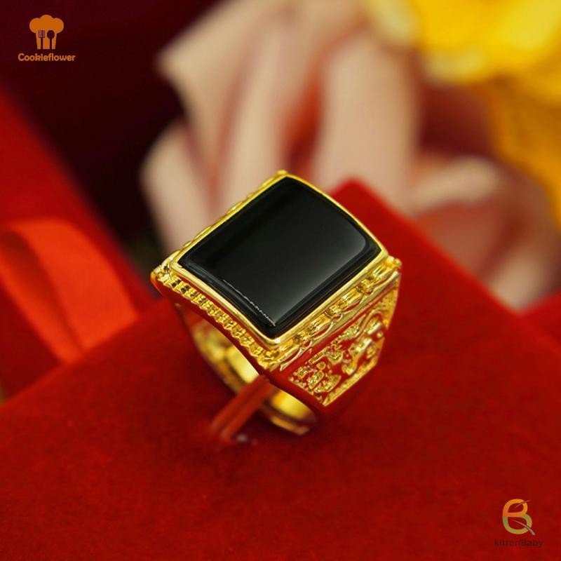 Nhẫn nam hình bầu dục mạ vàng với đá obsidian - Mẫu mới