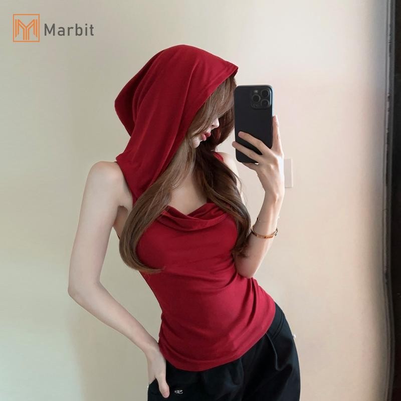 Áo sơ mi nữ không tay có mũ trùm đầu phong cách retro Y2K, thiết kế chắc chắn dành cho mùa hè