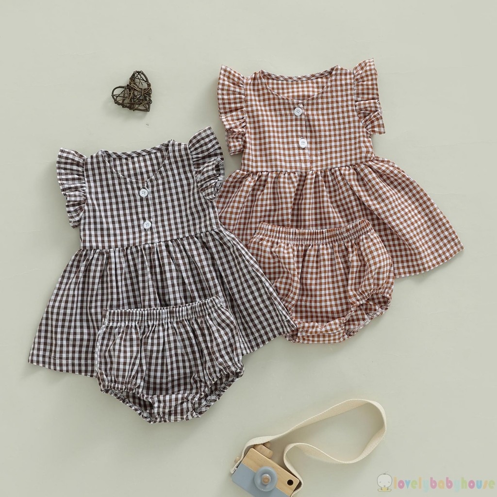 LBH-2 Cái Bé Gái Mùa Hè Tay Bay Cổ Tròn Kẻ Sọc Áo Và Co Giãn Eo Bloomer Bộ