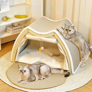 Nhà Mèo, 360° Giường bán kín ấm áp có bóng treo, khung gỗ nguyên khối & gai dầu chống trầy xước, lều nhà mèo có miếng chống trầy xước
