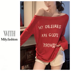 Milyfashion Đỏ xiên Vai Chữ In Hình Mùa Hè Rời Dài Tay Ôm Hơn Nhìn Chống Nắng