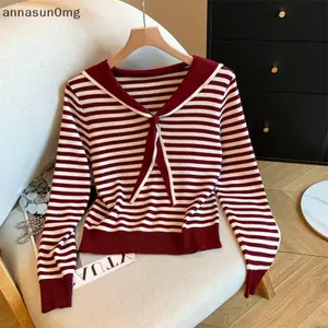 AA Navy Cổ Dài Tay Sọc Phong Cách Preppy Áo Thun Nữ Chữ V Cổ Dệt Kim VN