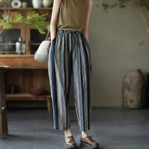 Quần vải lanh Cotton nữ dáng rộng Size lớn Mùa hè Phong cách mới Vải lanh mỏng sọc Harem Quần dài đến mắt cá chân