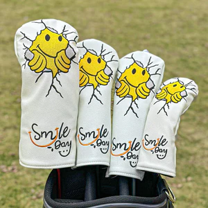 Golf Club Cover Smiley Face Thêu 1 / 3 / 5 / UT Size Trọn Bộ Lớp Lót Chống Thấm Nước Đầu Lông Cừu Bảo Vệ Nắp