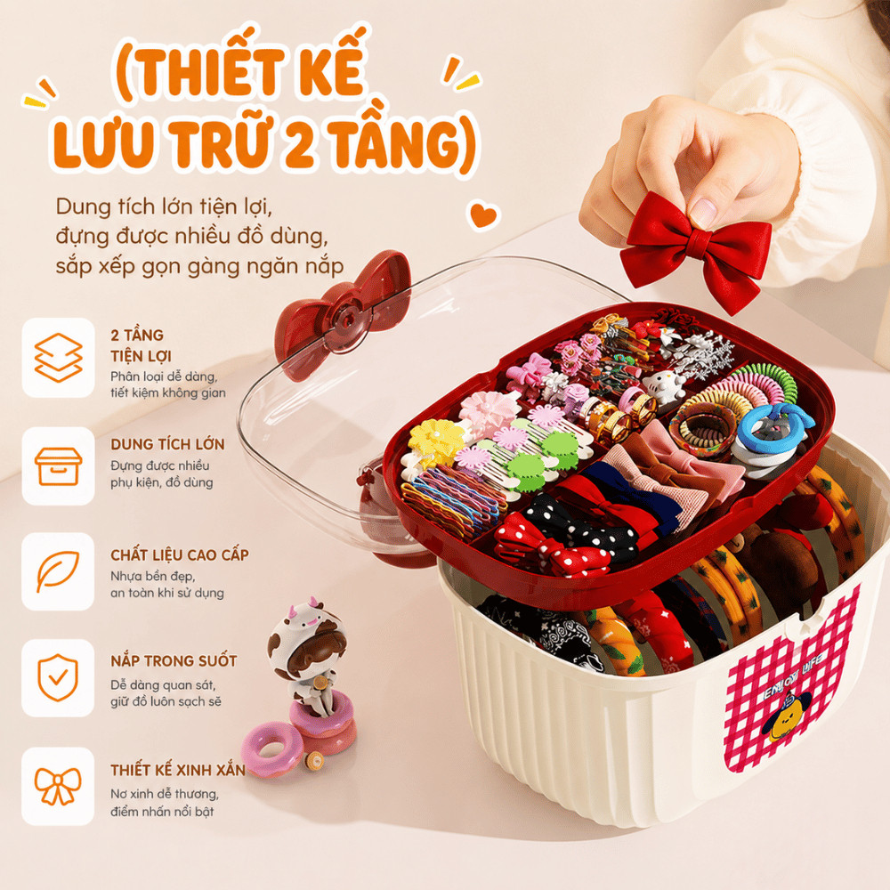Hộp Đựng Trang Sức, Phụ Kiện 2 Tầng Nắp Trong Suốt Có Quai Cầm, Hộp Nhựa 2 Lớp Đựng Đồ Richouse